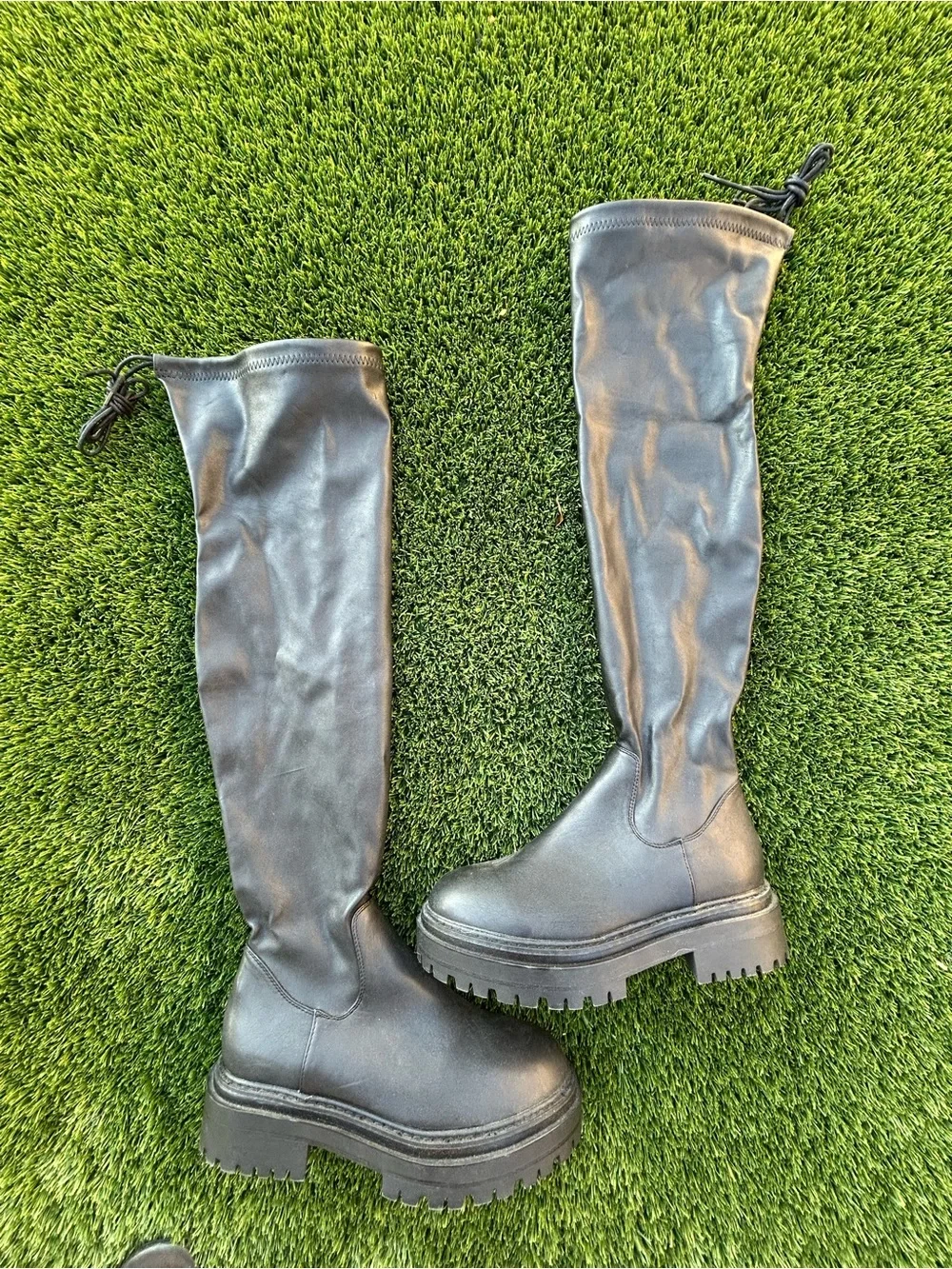 Black Knee-High Chunky Platform Boots - Women